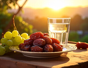 dates and grapes on a plate and mineral water in a glass in the morning
