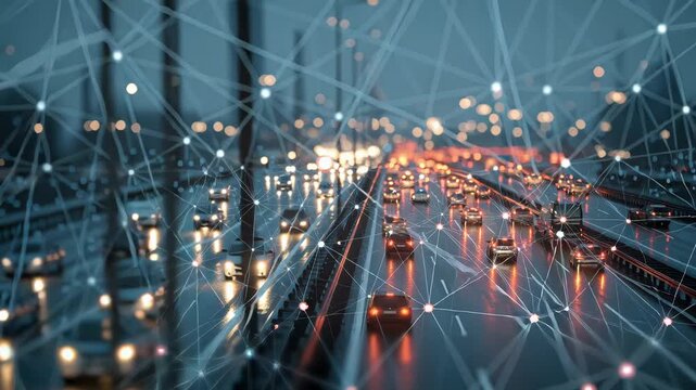 Busy multilane road in city with moving cars and lights in evening hours