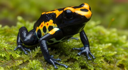 Fototapeta premium A vibrant poison dart frog with striking black and yellow patterns resting on moss
