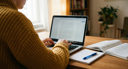 Student typing on laptop, Home office study workspace, Online learning at home desk, Writing notes with textbook