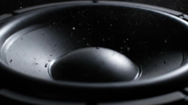 Black speaker cone vibrating with dust particles jumping in slow motion. Footage for music videos, audio equipment commercials, visualizations of rhythm and energy
