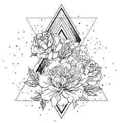 Vector illustration of a peony flower combined with sacred geometry elements. Black and white outline design in tattoo and coloring book style, perfect for prints, spiritual art, and mindful coloring.