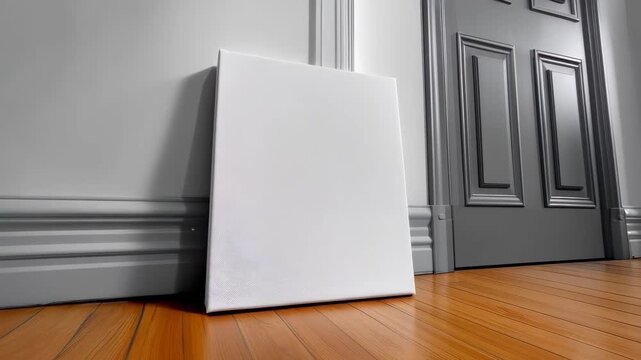 Blank Canvas Leaning: An empty white canvas stands as a symbol of untapped potential and opportunity, poised near a stylish door in a sophisticated setting.