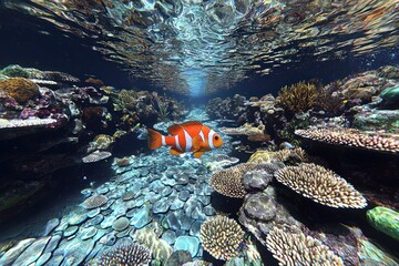 Underwater coral reef scene. Vivid orange and white clownfish swims through a shallow reef passage,  with vibrant coral formations and various rock structures. Sunlight streams down from above