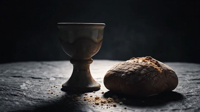 Communion bread and chalice on stone table.