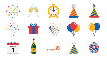 Festive holiday icons fireworks champagne balloons and celebration elements