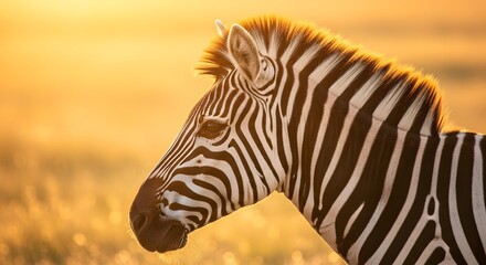 Fototapeta premium A zebra's profile in golden hour. Striking black and white stripes, illuminated by warm sunlight