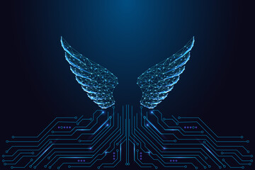 Digital Wings above circuit lines. Freedom, Innovation and Fantasy Tech, Glowing Vector Illustration © Inna