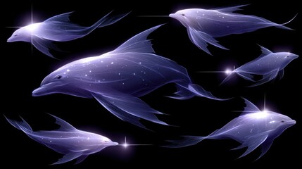 Abstract illustration of several luminous dolphins swimming in a dark aquatic environment