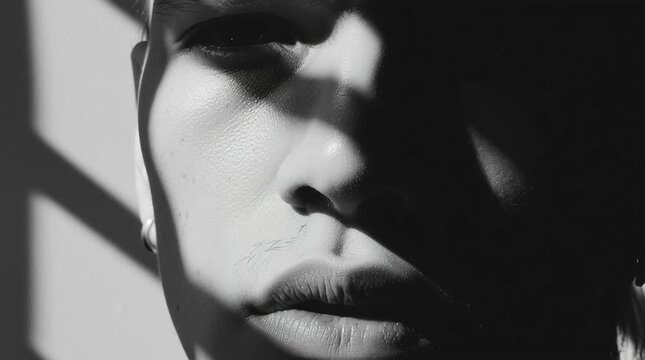 a face partially hidden in shadow, with an unreadable expression. Strong contrast sharpens emotional ambiguity, creating a tense, minimal, 