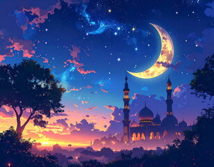 Mosque with a view of the crescent moon at night. Concept of Ramadan, Eid al-Fitr, Eid al-Adha, and the month of Sha'ban