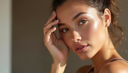 Fototapeta premium Young woman with glowing skin touches face gently. Natural beauty, flawless complexion radiate health and youth. Soft sunlight highlights facial features and soft makeup.