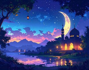 Mosque with a view of the crescent moon at night. Concept of Ramadan, Eid al-Fitr, Eid al-Adha, and the month of Sha'ban