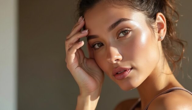 Young woman with glowing skin touches face gently. Natural beauty, flawless complexion radiate health and youth. Soft sunlight highlights facial features and soft makeup.