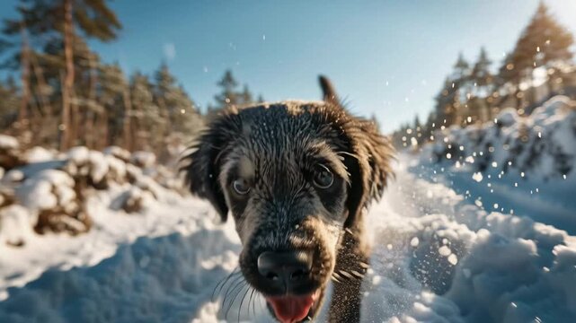 Tiny black dog runs and plays in the snow during a sunny day in the winter woods