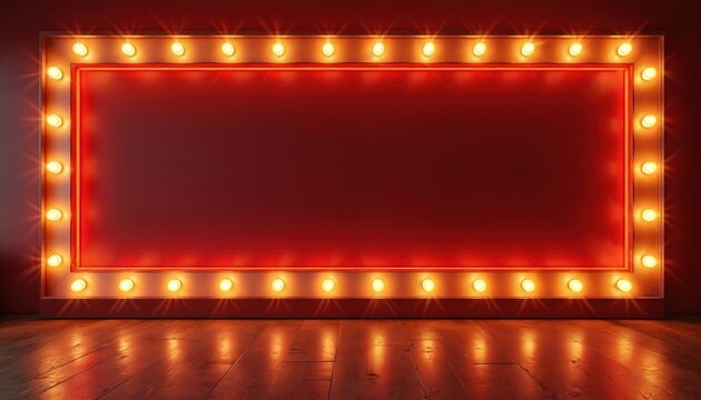 Retro illuminated marquee border with empty space glows warmly. Vintage theater sign frame lights up a red wall. Classic cinema display blank for text, ads.