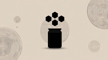 Abstract honey jar with geometric hexagons and swirls on a neutral background