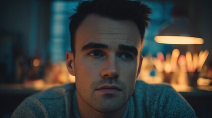 Close up portrait of a man thoughtfully looking interior setting soft lighting