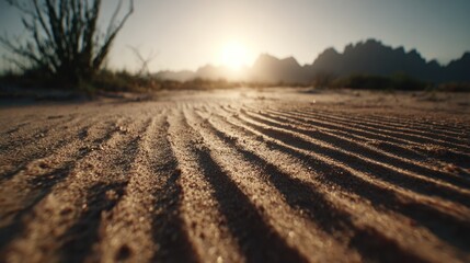 Desert landscape with sand dunes and mountains under a bright sunny sky
