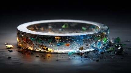 Abstract transparent ring with colorful elements on dark surface
