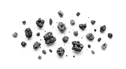 Black, irregularly shaped rocks scattered on a plain white background, isolated