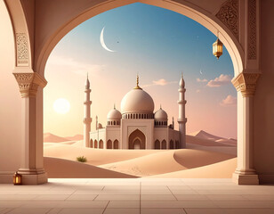 Mosque, mountain view, crescent moon, sunset. Concept of Ramadan, Eid day