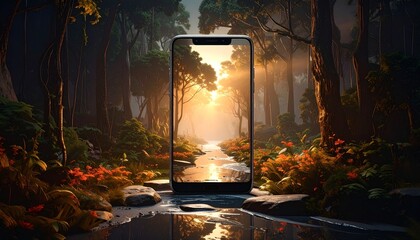 Smartphone displaying serene forest landscape in the wilderness.