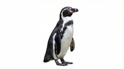 Obraz premium Majestic adult penguin standing upright, isolated on a pure white background. Full body studio shot of a beautiful seabird.