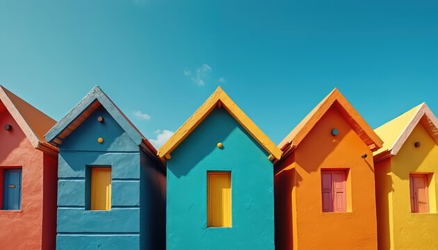 Brightly colored row houses stand against clear blue sky. Modern architecture features simple geometric shapes, triangular roofs. Vibrant structures create cheerful, eye-catching urban landscape.