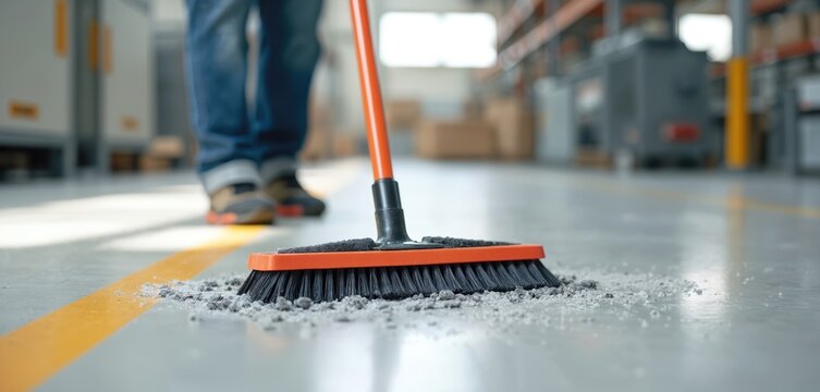 Person sweeps dust and debris on concrete floor in warehouse. Worker tidies up large industrial space, maintaining order. Cleaning equipment used for facility upkeep.
