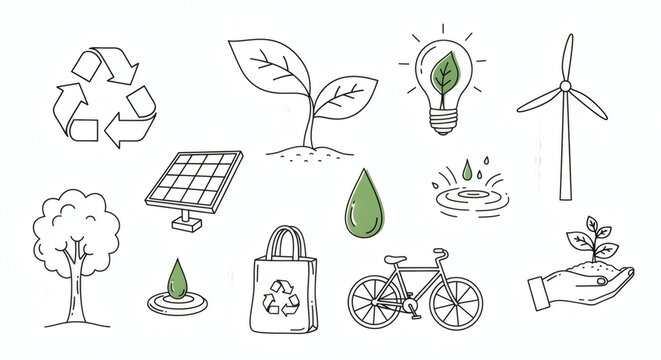 Hand drawn eco and sustainability illustrations. Nature symbols, recycling, green lifestyle elements. Clean minimal doodle line art, flat stock style.