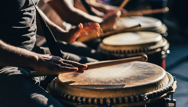 People playing drums in a park. Scene is lively and energetic.
