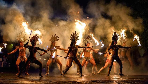 A group of women are performing a dance with flaming torches