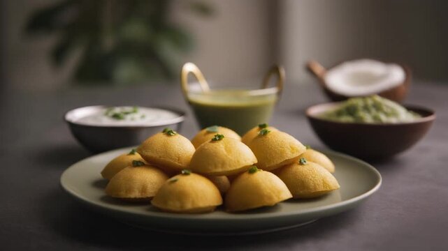 Delicious South Indian breakfast with Appam or Paniyarams, chutneys, and fresh coconut