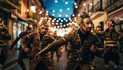 Obraz premium A group of men in costumes are dancing on a street