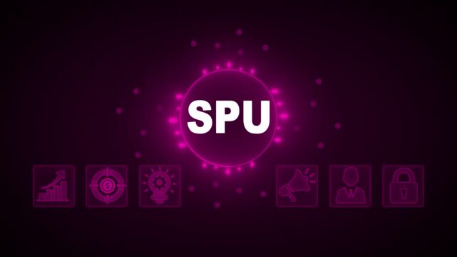 SPU concept with glowing neon circuit board and marketing, growth, target, lightbulb, lock, and person icons on a dark blue background technology