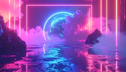 Futuristic landscape with neon lights reflecting on rocky terrain surrounded by mist and clouds in a surreal environment viewed from a distance