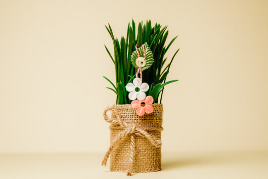 One beautiful flower martisor on sprouted wheat in a pot.