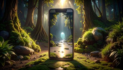 Smartphone screen displaying serene forest landscape in the middle of woods.