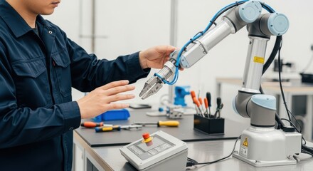 Fototapeta premium A man in a workshop interacting with a robotic arm on a workbench with various tools.