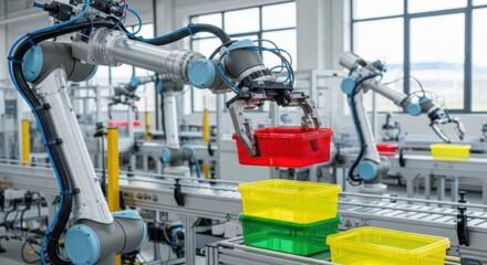A robotic arm in a modern factory setting is picking up a red plastic bin from a conveyor belt with other robotic arms and colorful bins in the background.