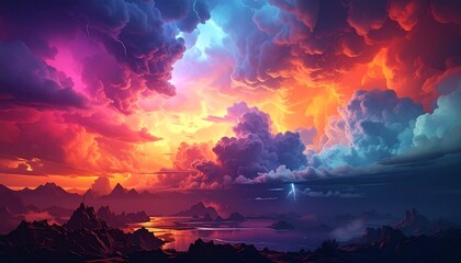 Vibrant colorful sky with clouds at sunset over mountains.