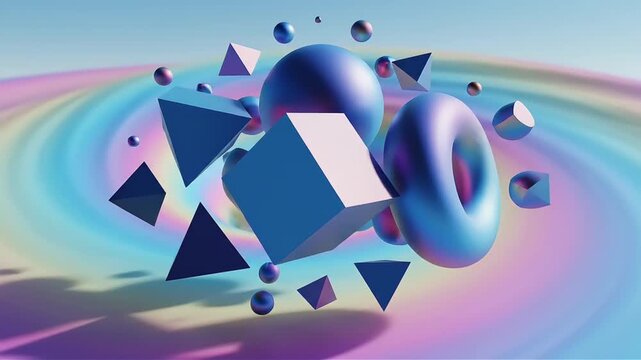 Abstract geometric shapes float against a vibrant pastel gradient background creating a modern and futuristic design concept for technology innovation and creativity
