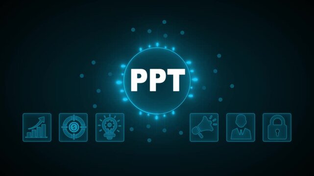 PPT concept with glowing neon circuit board and marketing, growth, target, lightbulb, lock, and person icons on a dark blue background technology