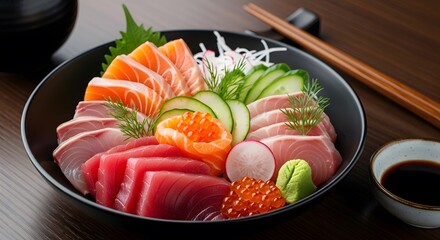Fresh sashimi bowl with salmon, tuna, cucumber, and wasabi, beside chopsticks and soy sauce