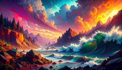 Vibrant Ocean Waves Crashing Against Rocky Coastline at Sunset.