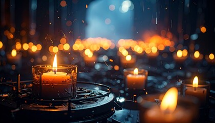 Multiple lit candles in a serene and peaceful environment.