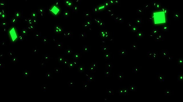 Colorful confetti rain. Moving banner with sparkling particles flying down. Birthday party and anniversary celebration overlay alpha channel. Realistic graphic animated 