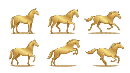 Set of golden horses in different dynamic poses, showcasing elegance and power