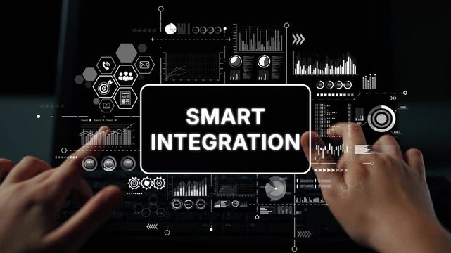 Hands Typing on Keyboard with Smart Integration Concept and Technology Background for Digital Transformation Solutions. Asymptotic smart data analytic.